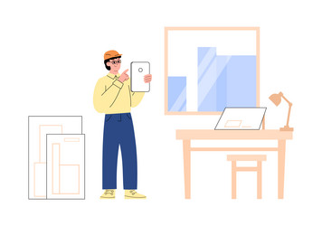 architect or engineer in helmet develops building vector image