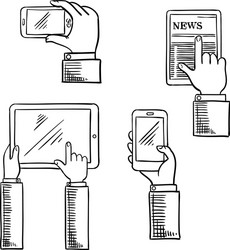 Sketch of hands with smartphones and tablets vector