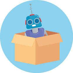 Robot toy on box carton in round frame vector