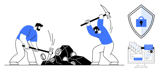 two workers mining cryptocurrency with tools next vector image