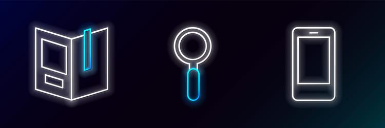 set line mobile phone open book and magnifying vector image