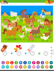 counting and adding game with cartoon farm animals vector