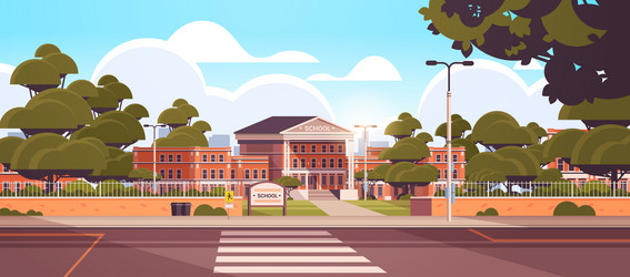 School building empty front yard with green trees vector