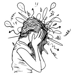 hand drawn of girl with anxiety touch head vector