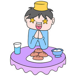 boy is happy at dining table when breaking vector image