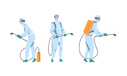 Man in protective antiviral suit spraying vector