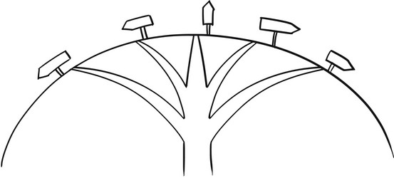 drawing of five ways crossroad and directional vector