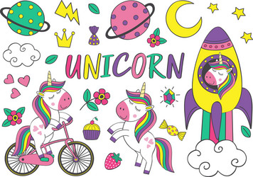 Cute Unicorn & Elements Set Vector Image