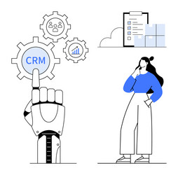 robotic hand operating crm gears with thoughtful vector image