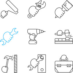 Hands holding instruments linear icons set vector