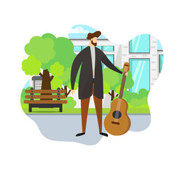 stylish man holding acoustic guitar in hand park vector