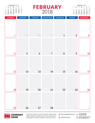 February 2018 calendar planner design template vector