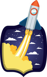 frame with rocket taking off in clouds background vector image
