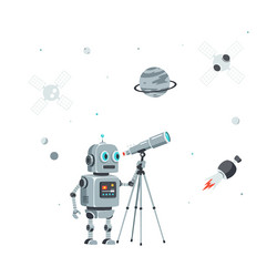 robot exploring space with telescope in flat art vector image