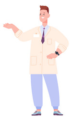 Man in lab coat showing things scientist presents vector