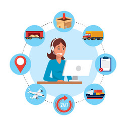 Woman call center agent with computer and delivery vector