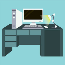 workplace desk computer lamp top angle view flat vector image