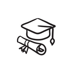 Graduation cap with paper scroll sketch icon vector