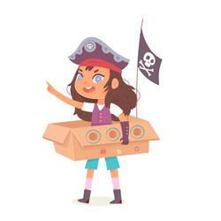 Kid playing with cardboard ship cute girl vector