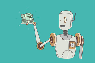 old robot hold stack of money in hands vector