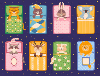 Cute baby animals sleeping in bed sleepy animal vector