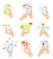 hand with smartphone using chat software text vector image