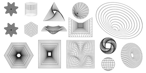 geometric wireframe shapes and grids in dark color vector image