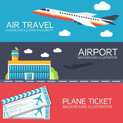 Flat building airport with flying plane tour vector