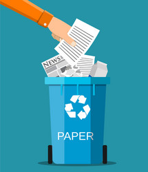 man hand throws garbage into a paper container vector