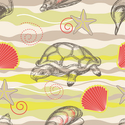 Hand drawn sea shell and starfish seamless pattern