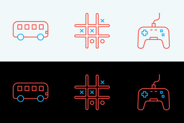 set line gamepad bus toy and tic tac toe game icon vector image
