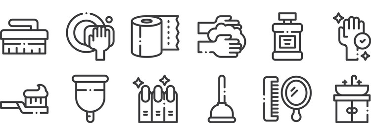 12 set linear hygiene routine icons thin vector image