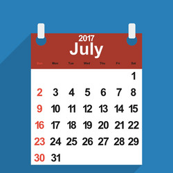 leaf calendar 2017 with the month of july days vector