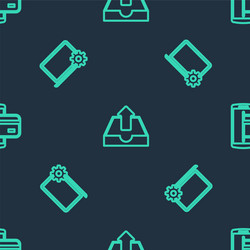 set line upload inbox laptop and gear nfc vector image
