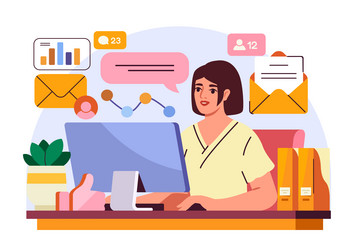 office worker at desktop with data icons vector image