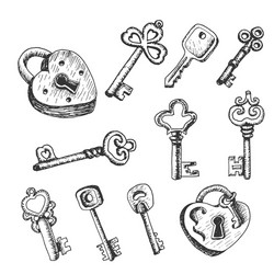set of isolated keys in sketch style vector image