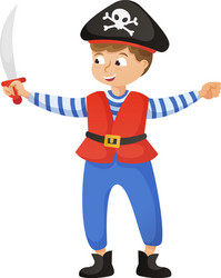 cute smiling boy in pirate costume with black hat vector