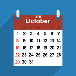 leaf calendar 2017 with the month of october days vector image