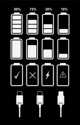 Battery indicator icons and charger connector vector