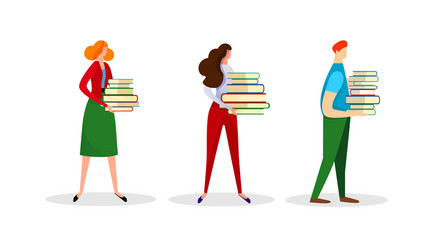 set male and female characters hold books heap vector