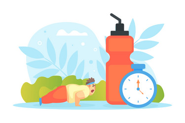 tiny chubby man doing pushup exercise huge scales vector image
