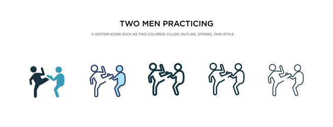 Two men practicing karate icon in different style vector