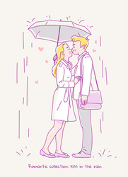 young couple kissing in the rain under umbrella vector