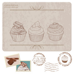 Cupcakes & Stamps Postcard Vector Image
