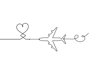 Abstract hearts with plane as continuous line vector