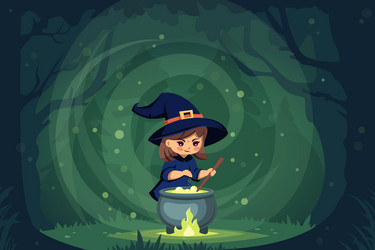 halloween witch in forest cartoon funny autumn vector