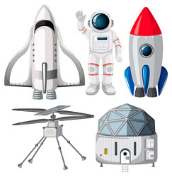 set of spaceship and satellite objects vector