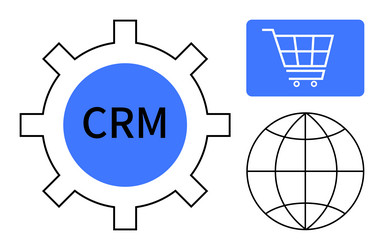 crm gear with cart icon and globe representing vector image