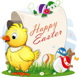 easter eggs and chicken with a paper scroll vector image