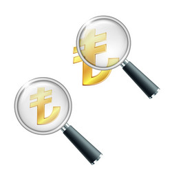 Golden turkish lira sign with magnifying glass vector